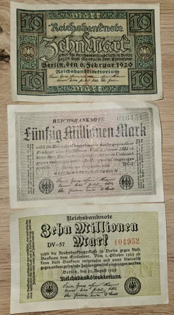 Konvolut Historische Geldscheine Reichsbanknoten 10 Mark/10 Millionen/50 Million