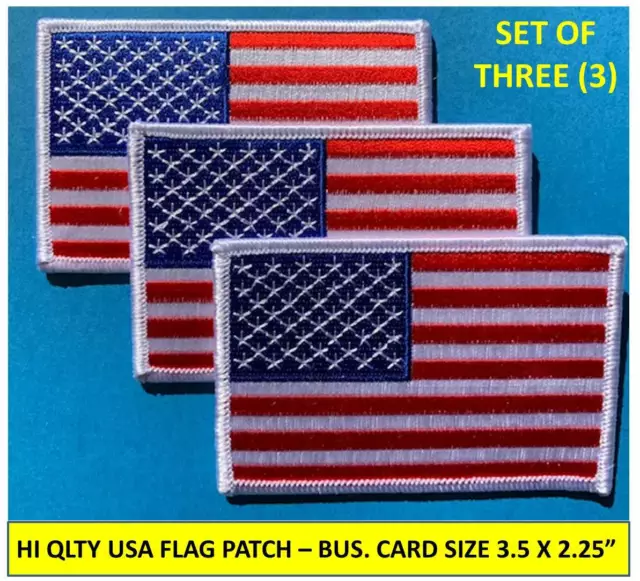 [3] USA AMERICAN FLAG EMBROIDERED PATCH IRON-ON SEW-ON WHITE BORDER (3½ x 2¼”)