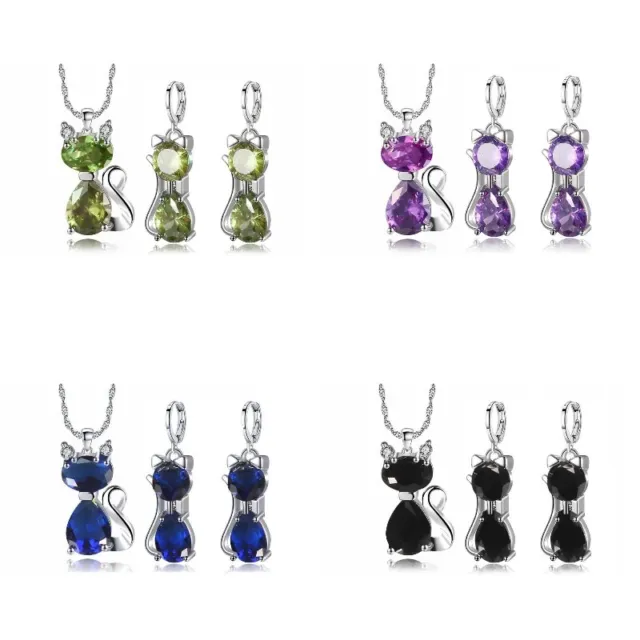 925 Silver Cubic Zirconia Cat Drop Earrings Necklace Women Wedding Jewelry Set
