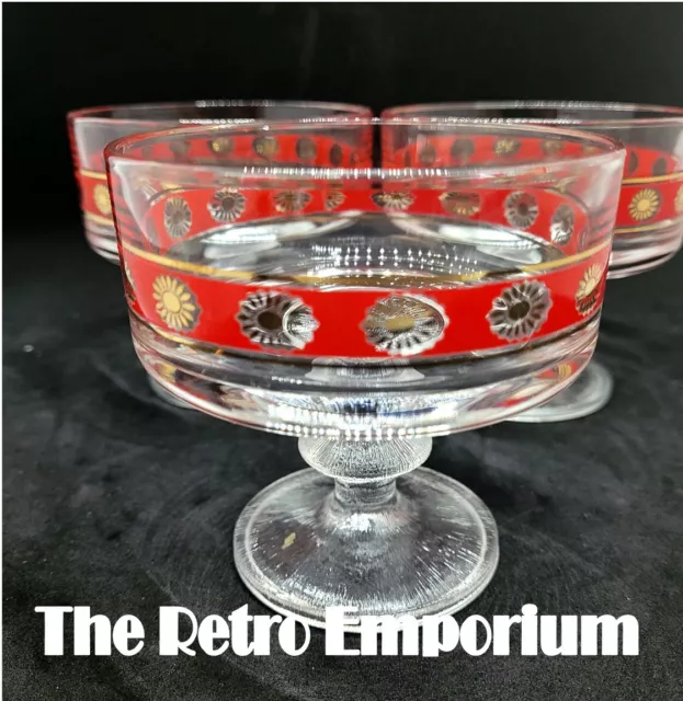 Mid Century Glass Dessert Bowls RED footed RETRO glass bowls x 3 VINTAGE glass