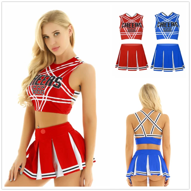 WOMEN CHEERLEADER COSTUME School Girl Outfits Crop Top Mini Skirt Fancy
