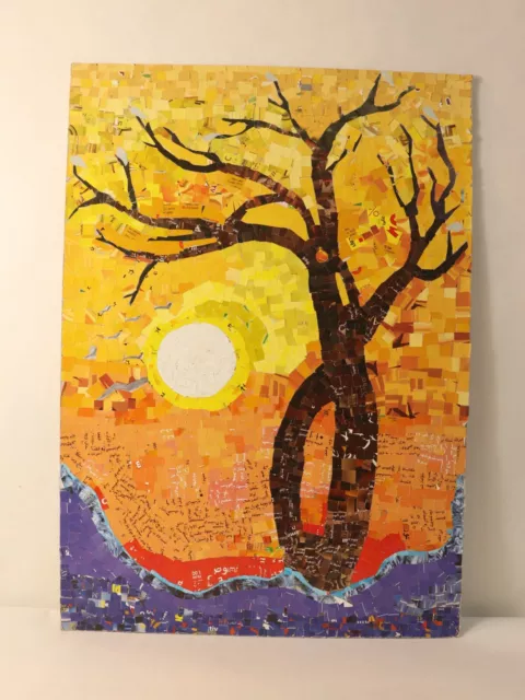 Original Collage Art Painting Contemporary Landscape Autumn In Sunset Signed