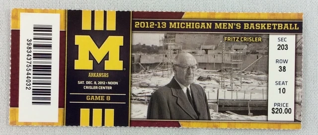 2012 12/08 Arkansas at Michigan Woverines College Basketball Ticket