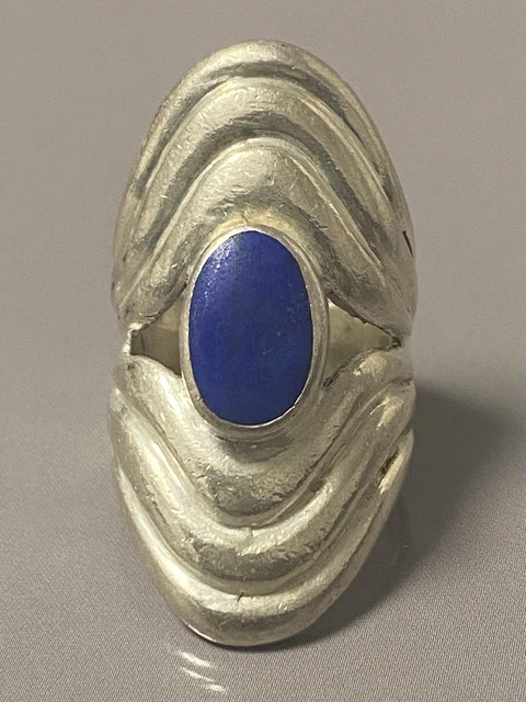 Bague Ancienne En Argent Sterling Avec Pierre Lapis-lazuli - Taille 55 - Bijou Vintage - État Parfait