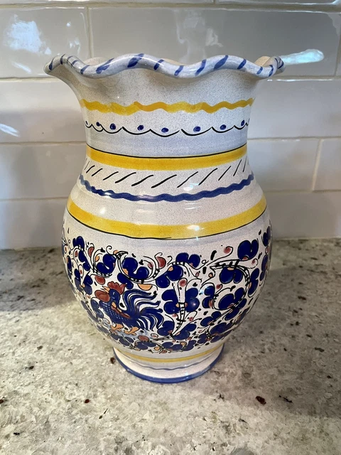 Deruta Large Vase Rooster Hand Painted Pottery Italy Majolica With scallops