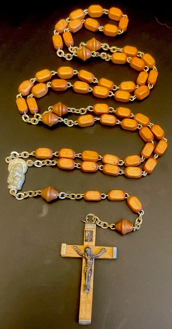 Rosario de madera de cacao rectangular católico vintage, crucifijo de madera tono plateado Italia
