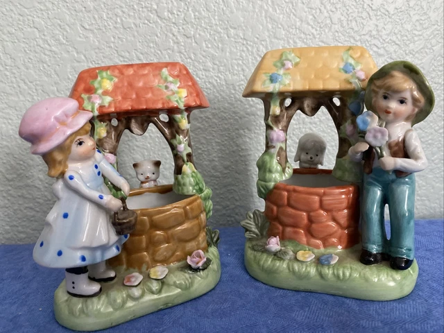 Porcelain Figures Wishing Well Girl & Kitten Boy and Puppy Flowers Lot 2
