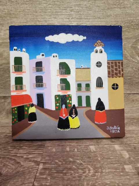 Folk Art J. Baris Ibiza Painting City Sceen 4 Women Brazilian 7x7