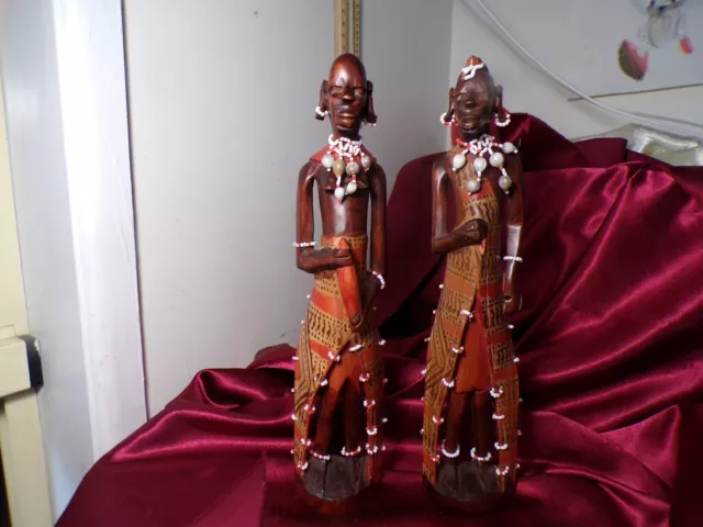 2 African Tribal Carved Wood Statues Beaded Sculptures 31 Cm Tall