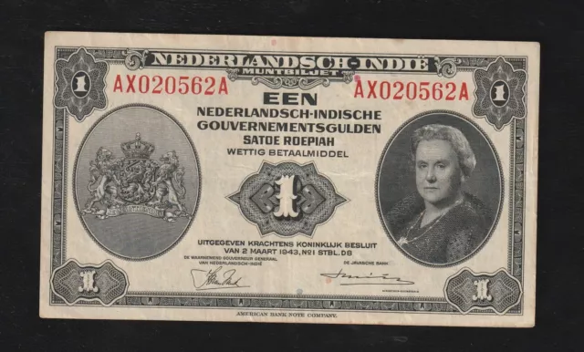 Netherlands Indies, 1 Gulden, 1943, P-111, AUNC Banknote, Queen Wilhelmina