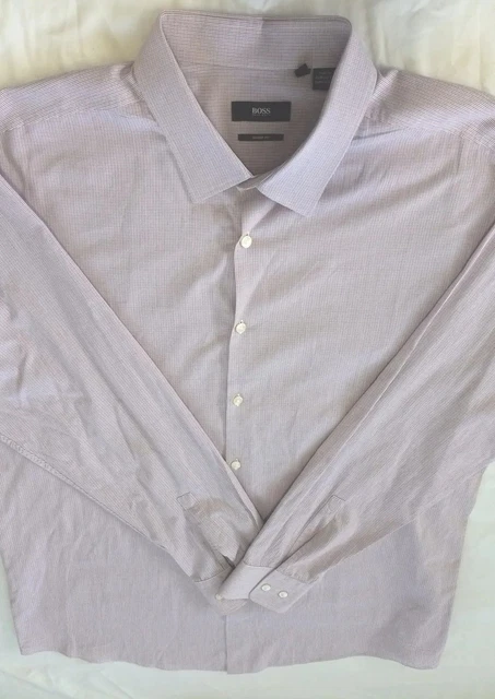 Boss Hugo Men Long sleeved Shirt Sz 18 Or 34-35 Sharp Fit Gingham Pattern Purple