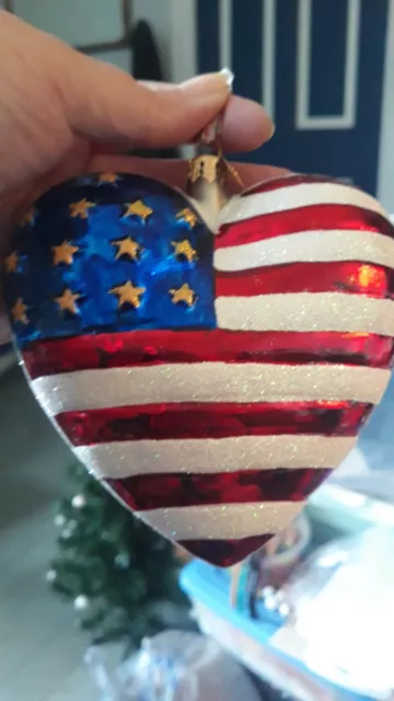 Christopher Radko American Flag Brave Heart  Christmas Ornament Red cross 9/11