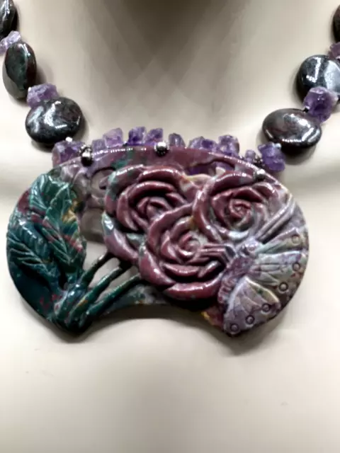 Plum & Green Hand Carved Fancy Jasper  Butterfly Pendant Necklace Er's In Silver