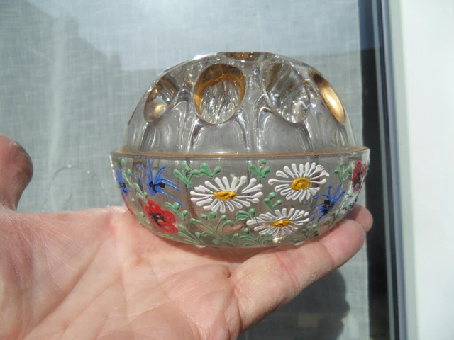 bouquetiere Vase pique fleurs en verre et email a decor de fleurs emaillée