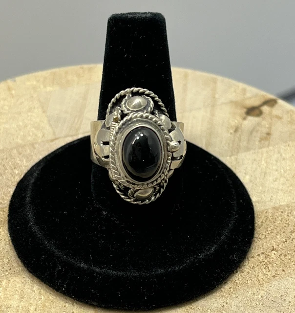 Vintage Taxco Mexico Sterling Silver & Black Onyx Poison Ring Adjustable Sz 7-9