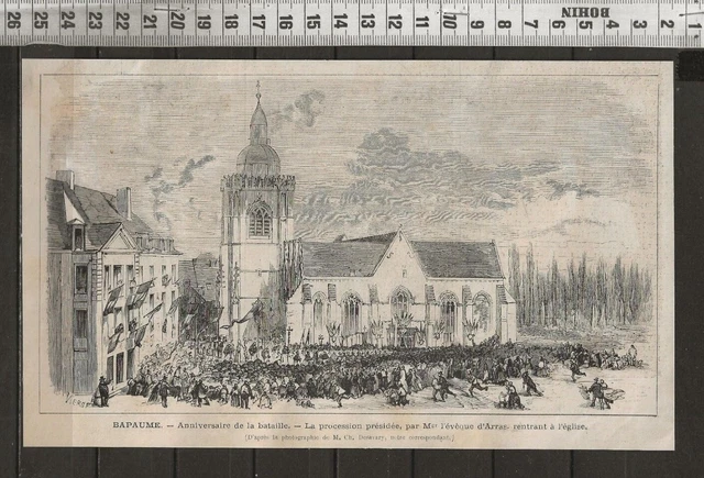 G383 / Gravure 1888 /  Bapaume Procession Presidee Par L Eveque D Arras
