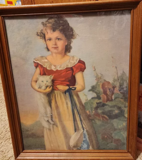 18 X 22 Framed Vintage Lithograph Girl with Cat Victorian Era BEAUTIFUL