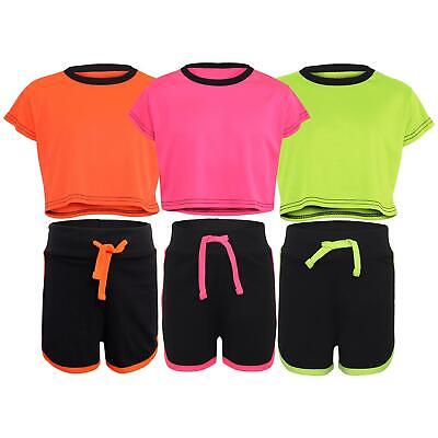 Kids Black Neon Crop Top And Shorts Set Active Wear Summer Girls Boys Age 5-13 y