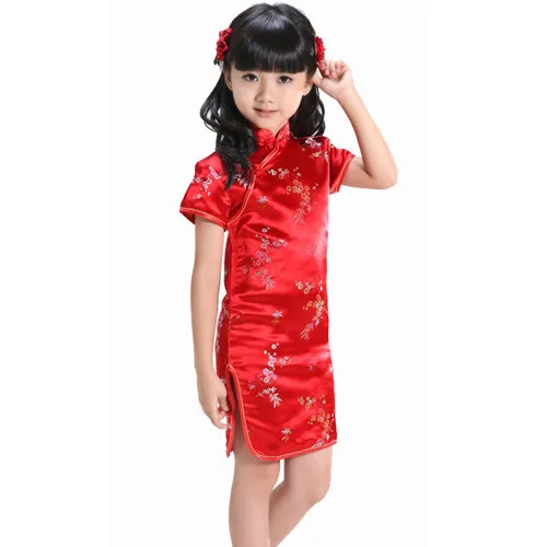 Mädchen Cheongsam Kleid Seide Satin Chinesisch Traditionell Blumen Qipao Kostüm Kleid 2