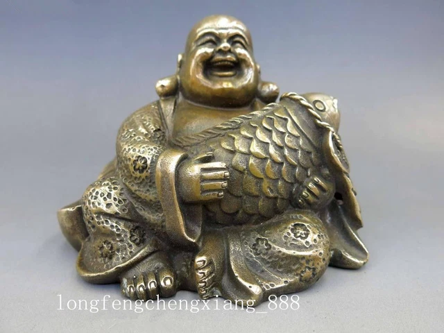 Chinese Brass Copper Buddhism Fengshui Fish Money Wealth Maitreya Buddha Statue