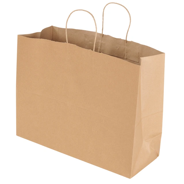 Large Natural Brown Kraft Paper Grocery Shopping Bags (16”L x 6”D x 12 ½”H)