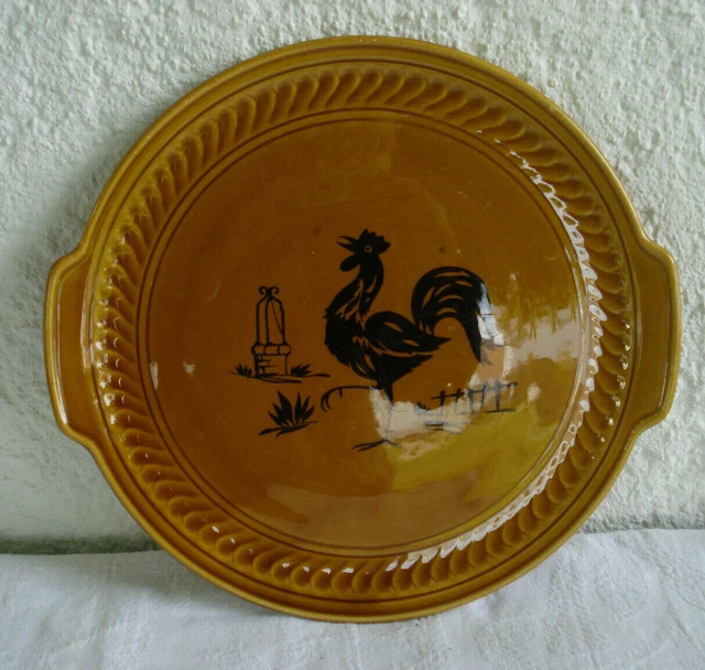 Ancien Plat à Tarte Profond En Grès - Déco Ferme Avec Coq - Fabriqué En Chine