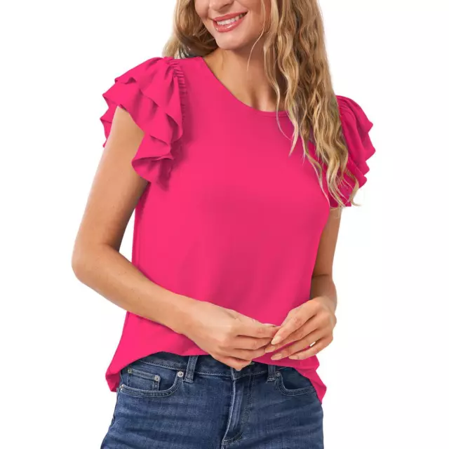 CeCe Womens Pink Ruffled Crewneck Blouse Shirt S BHFO 4676