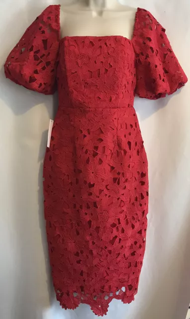 New Lipsy Size 10 Red All Over Lace Square Neck Puff Sleeve Midi Dress Party