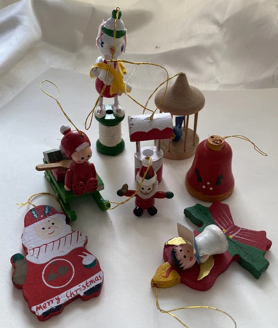 Vintage Wooden Christmas Ornaments Lot  8 Made In Taiwan Painted Santa Sled