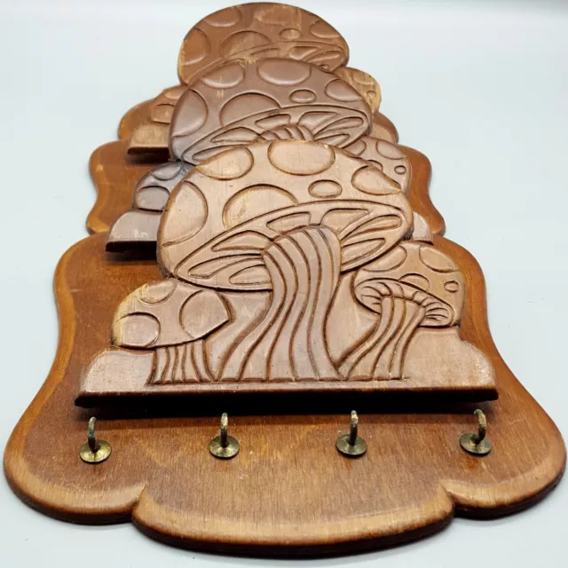 Vintage Wooden Carved  Mushroom Wall Hanging Mail/Key Holder 70s