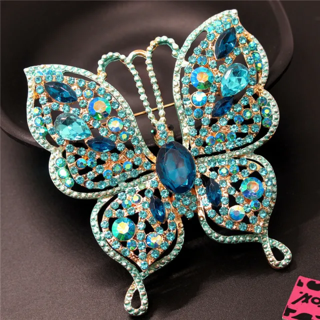 Blue Bling Rhinestone Flower Butterfly Fashion Women Charm Brooch Pin Gifts