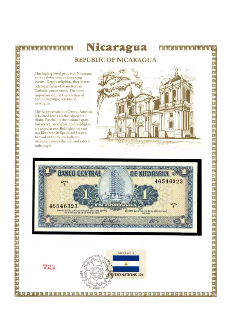 Nicaragua 1968 1 Cordoba UNC P-115 UNC w/FDI UN FLAG STAMP 46546323 Serie B