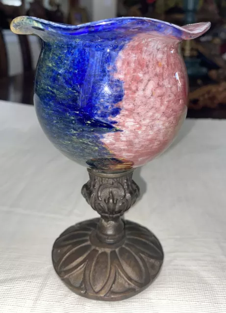 Kosta Boda Style Footed Art Glass Candle Holder Or Vase With Cast Iron Base