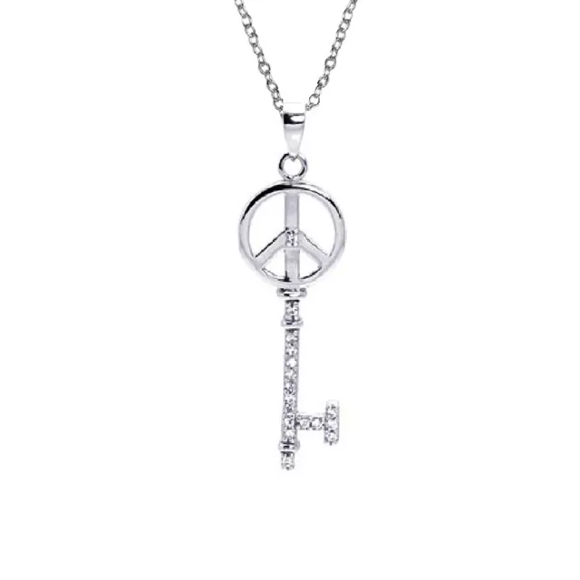 Sterling Silver Necklace w/ CZ Stones Peace Sign Key Pendant 2