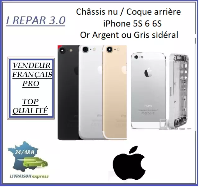 Châssis nu/Coque arrière iPhone/5S/SE/6/6S/7/7+/Or/rouge/Argent/Gris/noir