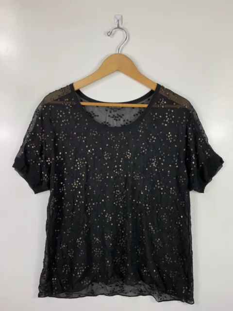 Eileen Fisher Women's Shirt Medium Solid Black Beaded 100% SILK Sheer Scoop Neck