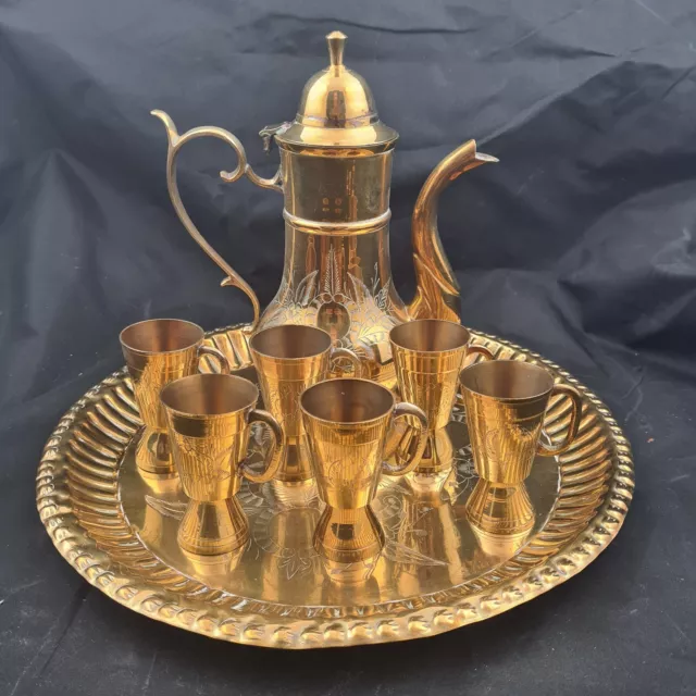 Vintage Copper Coffee Pot Tea Can Set 6 Cups Tray