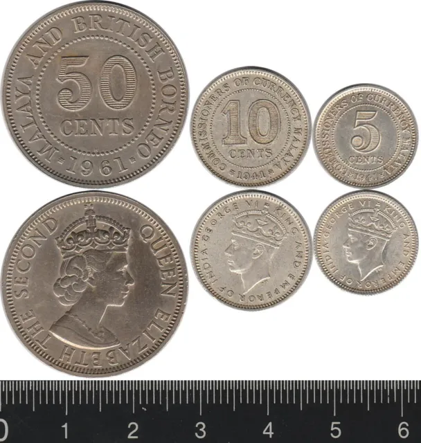 Malaya & British Borneo: 1961 50 Cents QEII , 1941 10 Cents & 5 Cents KGVI (3)