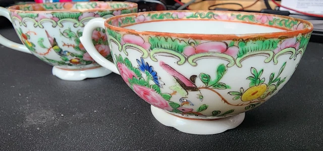 Antique Rose Medallion Famille Egg Shell Porcelain Coffee Cups (Set Of 2)