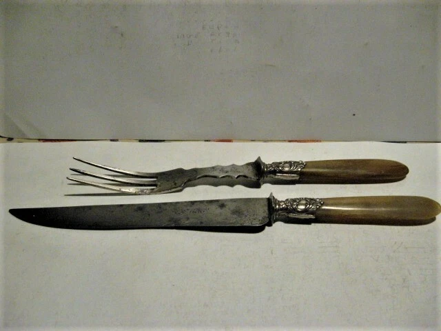 Service à découper gigot manche en corne, bague argentée