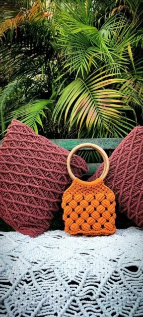 Handmade Concha de Mar Diseño Macramé Bolsa Con Mango de Madera