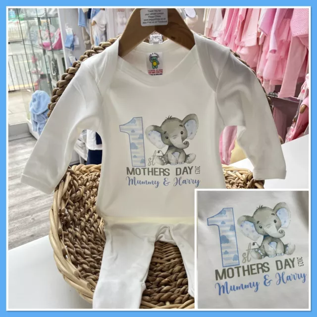 Personalised  First Mothers Day Baby Grow Romper 1st Mummys Day Elephant Boys