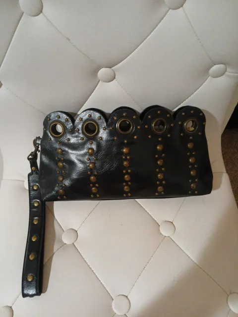 BIKER CHIC! Black Vegan Leather Scalloped Studded Clutch Purse Handbag Wristlet