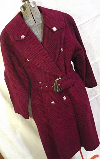 GREAT 1980s De-Carty Womens Purple Tweed Wool Coat Zig Zag Pattern Belted Lg
