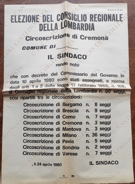 1980 Elezione Consiglio Regionale Lombardia Circoscrizione Cremona manifesto