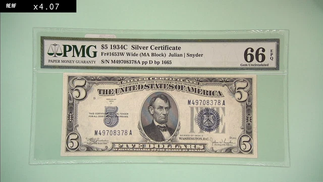 1934C $5 Blue Seal Silver Certificate Pmg 66 Gem Uncirculated Epq-Awesome Note!!