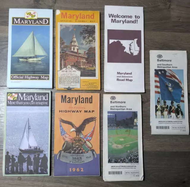 (5) Maryland State Maps & (2) Baltimore. Vintage 60's-70's - FAST FREE SHIP!