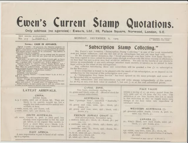 Stamp Quotations - Dealer " Ewen's " 1909 Sales Price List Sheet