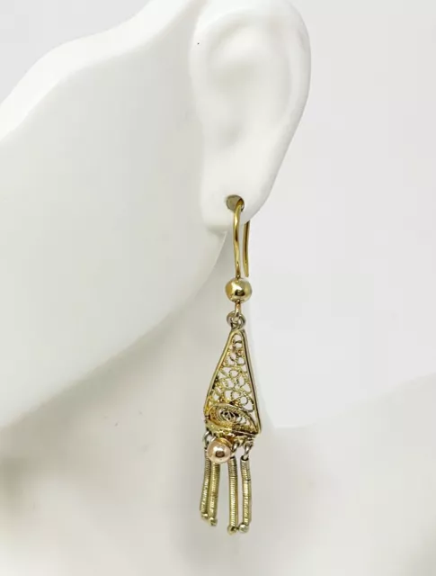 Vintage 925 Sterling Silver Vermeil Filigree Art Deco Etruscan Drop Earrings