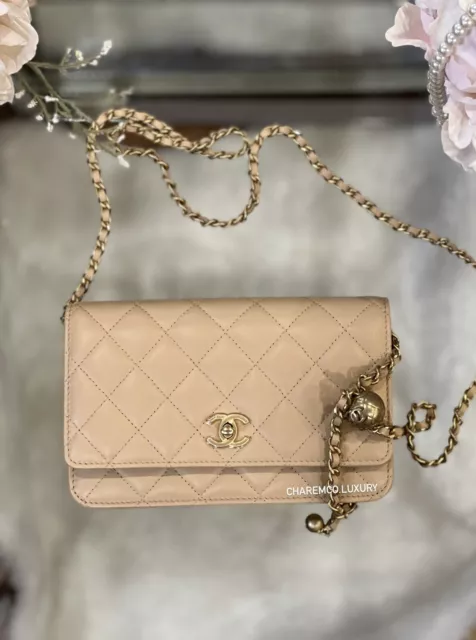Chanel Vintage Beige Caviar Leather Wallet On Chain Woc